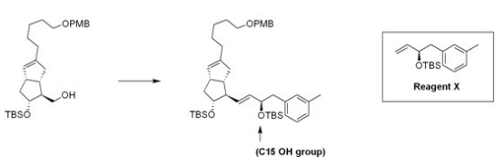 The stereoselective introduction of the C15 OH group on the w side chain of prostaglandins has presented a challenge for synthetic chemists.Recently,Mulzer and co-workers demonstrated a new route in which the w side chain is synthesized independently and then attached to the bicyclic counterpart.What is the appropriate sequence of reagents for the following synthesis?   A) (1) PBr<sub>3</sub>; (2) Grubbs' catalyst,Reagent X; (3) KOC(CH<sub>3</sub>) <sub>3</sub> B) (1) PCC; (2) Ph<sub>3</sub>P=CH<sub>2</sub>; (3) Grubbs' catalyst,Reagent X C) (1) PBr<sub>3</sub>; (2) Ph<sub>3</sub>P=CH<sub>2</sub>; (3) Grubbs' catalyst,Reagent X D) (1) TsCl,pyridine; (2) Grubbs' catalyst,Reagent X; (3) KOC(CH<sub>3</sub>) <sub>3</sub>