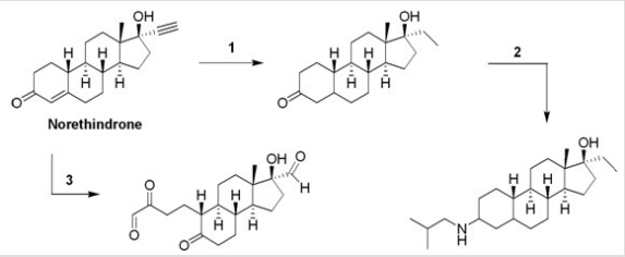 Norethindrone is a synthetic steroid that is better than progesterone in suppressing ovulation.What reagents (1-3) are required to convert norethindrone to the derivatives shown below?   A) (1) H<sub>2</sub>,Pd-C; (2) (CH<sub>3</sub>) <sub>2</sub>CHCH<sub>2</sub>NH<sub>2</sub>,NaBH<sub>3</sub>CN; (3) a.O<sub>3</sub>,b.Zn,DMS B) (1) H<sub>2</sub>,Pd-C; (2) (CH<sub>3</sub>) <sub>2</sub>CHCH<sub>2</sub>NH<sub>2</sub>,mild acid; (3) a.O<sub>3</sub>,b.Zn,DMS C) (1) a.LiAlH<sub>4</sub>,b.H<sub>2</sub>O; (2) (CH<sub>3</sub>) <sub>2</sub>CHCH<sub>2</sub>NH<sub>2</sub>,NaBH<sub>3</sub>CN; (3) a.OsO<sub>4</sub>,b.NaHSO<sub>3</sub> D) (1) a.LiAlH<sub>4</sub>,b.H<sub>2</sub>O; (2) (CH<sub>3</sub>) <sub>2</sub>CHCH<sub>2</sub>NH<sub>2</sub>,mild acid; (3) a.OsO<sub>4</sub>,b.NaHSO<sub>3</sub>