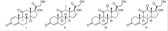 What is the structure of a cortisone derivative that has a C=C between C6 and C7,methyl group at C8 and chlorine at C12? The configuration of C8 is S and the configuration at C12 is R.   A) I B) II C) III D) IV