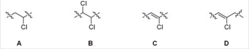Which of the following is the repeating unit in polyvinyl chloride (PVC) ?   A) A B) B C) C D) D