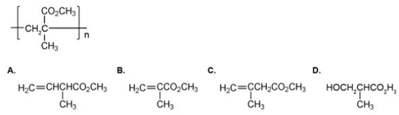 The repeating unit of poly(methyl methacrylate) is shown below.Which one of the following is the monomer used to make poly(methyl methacrylate) ?   A) A B) B C) C D) D