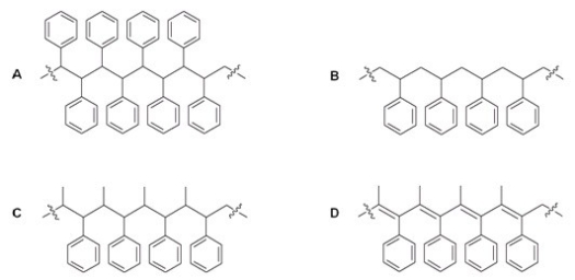 What is the structure of the polymer which results when styrene is reacted with BF<sub>3</sub> and H<sub>2</sub>O?   A) A B) B C) C D) D
