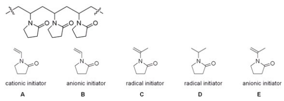 Which monomer and which type of initiator would you use to synthesize the following polymer?   A) A B) B C) C D) D E) E
