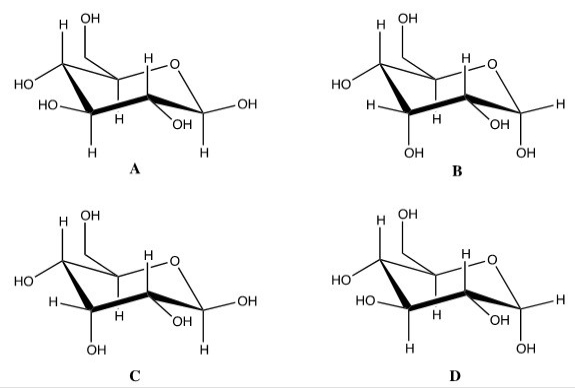 What is the correct chair form for the banomer of D-glucose?   A) A B) B C) C D) D