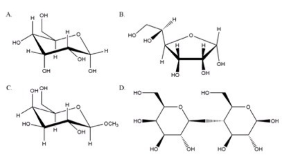 From the sugars shown below,which one is a non-reducing sugar?   A) A B) B C) C D) D