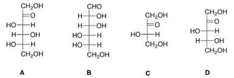 Which of the following sugars can be classified as a ketotetrose?   A) A B) B C) C D) D