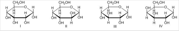What is the Haworth projection of the α anomer of a monosaccharide epimeric with D-glucose at C3?   A) I B) II C) III D) IV