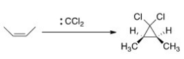 As shown below,when cis-2-butene reacts with dichlorocarbene,only the cis-1,1-dichloro-2,3-dimethylcyclopropane is formed.What can we conclude about the nature of the reaction mechanism?   A) The mechanism is an S<sub>N</sub>1 mechanism. B) The mechanism is a concerted. C) The mechanism proceeds through a radical intermediate. D) The mechanism is an E2 mechanism.