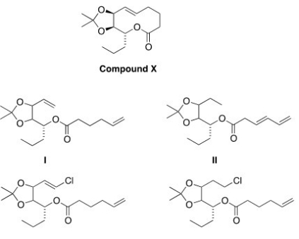 Compound X can be synthesized via a ring-closing metathesis reaction when treated with a Grubbs' catalyst.What is a possible structure of the starting material for this reaction?   A) I B) II C) III D) IV