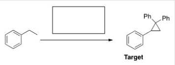 What is the appropriate sequence of reagents that will produce the target molecule shown below from ethylbenzene?   A) (1) HBr,H<sub>2</sub>O<sub>2</sub>; (2) KOC(CH<sub>3</sub>) <sub>3</sub> ; (3) MCPBA; (4) CH<sub>2</sub>=CPh<sub>2</sub> B) (1) NBS,hn ; (2) KOC(CH<sub>3</sub>) <sub>3</sub> ; (3) CHBr<sub>3</sub>,KO(CH<sub>3</sub>) <sub>3</sub> ; (4) a.LiCuPh<sub>2</sub>,b.H<sub>2</sub>O C) (1) H<sub>2</sub>SO<sub>4</sub>(aq.) ,D ; (2) MCPBA; (3) CHBr<sub>3</sub>,KO(CH<sub>3</sub>) <sub>3</sub> ; (4) CH<sub>2</sub>=CPh<sub>2</sub> D) (1) Br<sub>2</sub>,FeBr<sub>3</sub> ; (2) MCPBA; (3) CHBr<sub>3</sub>,KO(CH<sub>3</sub>) <sub>3</sub> ; (4) Ph<sub>2</sub>COCl