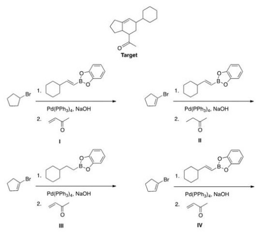 What is the appropriate sequence of starting material and reagents that will produce the target molecule shown below?   A) I B) II C) III D) IV