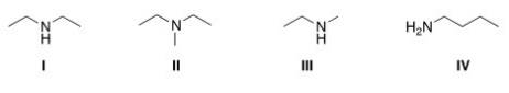 Which of the following amines are classified as tertiary (3°) amines?   A) I B) II C) III D) IV