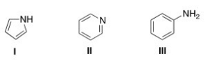 What is the correct assignment of the names of the following aromatic amines?   A) I = pyrrolidine; II = pyrimidine; III = aniline B) I = pyrrole; II = pyrimidine; III = anisole C) I = pyrrolidine; II = pyridine; III =aniline D) I = pyrrole; II = pyridine; III = aniline