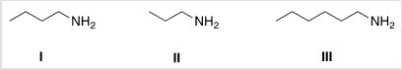 Arrange the following amines in order of decreasing water solubility,putting the most soluble amine first.   A) I > II > III B) II > I > III C) III > I > II D) II > III > I