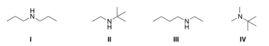 A compound with molecular formula C<sub>6</sub>H<sub>15</sub>N exhibits a singlet at d 0.9 (1H) ,a triplet at d 1.10 (3H) ,a singlet at d1.15 (9H) ,and a quartet at d 2.6 (2H) in its <sup>1</sup>HNMR spectrum.Its IR spectrum shows one medium absorption band near 3400 cm<sup>-1</sup>.What is the structure of this compound?   A) I B) II C) III D) IV