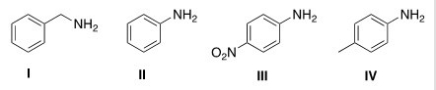 Rank the following compounds in order of increasing basicity,putting the least basic compound first.   A) III < II < IV < I B) II < III < IV < I C) I < IV < II < III D) III < I < II < IV