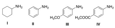 Rank the following compounds in order of decreasing basicity,putting the most basic compound first.   A) II > I > III > IV B) I > II > III > IV C) I > III > II > IV D) IV > II > III > I