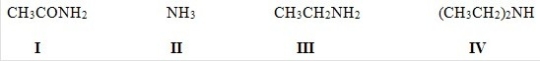 Rank the following compounds in order of increasing basicity,putting the least basic first.   A) II < III < IV < I B) I < II < III < IV C) IV < III < II < I D) II < I < III < IV