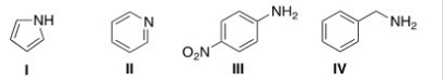 Rank the following compounds in increasing order of basicity,putting the least basic first.   A) II < I < IV < III B) I < III < II < IV C) IV < II < III < I D) I < II < III < IV