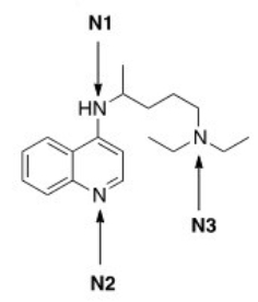 Rank the nitrogen atoms in chloroquine,shown below,in order of decreasing basicity,putting the most basic nitrogen atom first.   A) N1 > N2 > N3 B) N2 > N1 > N3 C) N3 > N2 > N1 D) N3 > N1 > N2