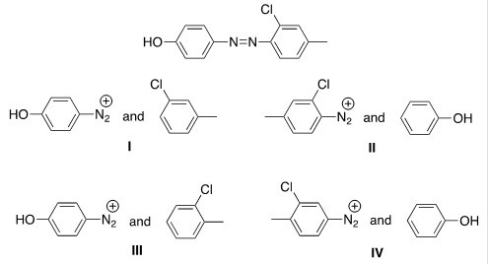 What starting materials are required to synthesize the following azo compound?   A) I B) II C) III D) IV