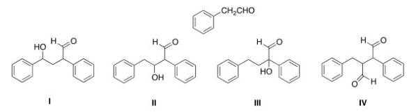 What is the Aldol addition product formed from reaction of the following compound with itself?   A) I B) II C) III D) IV
