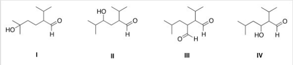 What is the Aldol addition product formed from the reaction of (CH<sub>3</sub>) <sub>2</sub>CHCH<sub>2</sub>CHO with itself?   A) I B) II C) III D) IV