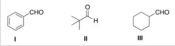 Which of the following carbonyl compounds will undergo Aldol addition reactions when treated with aqueous sodium hydroxide?   A) I B) II C) III D) None of the choices