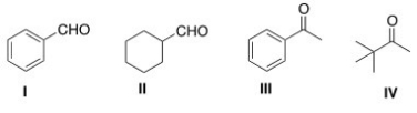 Which of the following carbonyl compounds does not undergo Aldol addition reactions when treated with aqueous sodium hydroxide?   A) I B) II C) III D) IV