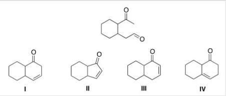 What is the cyclic product formed in the intramolecular Aldol condensation when the following compound is treated with aqueous NaOH?   A) I B) II C) III D) IV