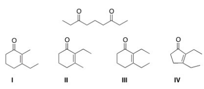 What cyclic product is formed in the intramolecular Aldol condensation when the following compound is treated with aqueous NaOH?   A) I B) II C) III D) IV
