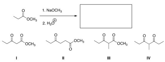 What is the product of the following Claisen reaction?   A) I B) II C) III D) IV