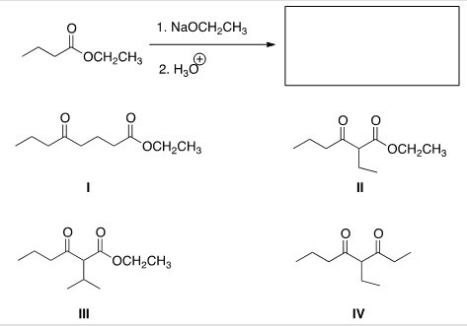 What is the product of the following Claisen reaction?   A) I B) II C) III D) IV