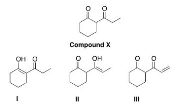 Which of the following compounds is an enol of compound X drawn below?   A) Only I B) Only II C) Only III D) Only I and II