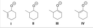 Which is the thermodynamic enolate of 2-methylcyclohexanone?   A) I B) II C) III D) IV