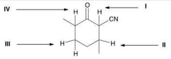 Which is the most acidic proton in the following compound?   A) I B) II C) III D) IV