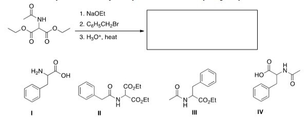 The malonic ester synthesis can be adapted to synthesize a-amino acids by using diethyl acetamidomalonate as the starting material.Select the structure of the amino acid produced by the following synthesis.   A) I B) II C) III D) IV