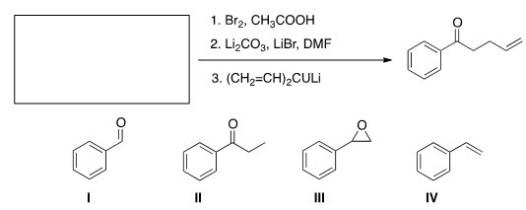 What is the starting material required to accomplish the following transformation?   A) I B) II C) III D) IV
