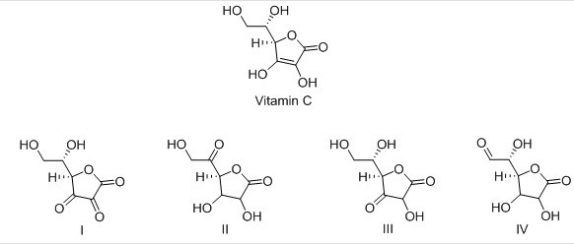 Vitamin C is a stable enediol.Which is the structure of a possible keto form in equilibrium with the enediol form?   A) I B) II C) III D) IV