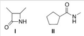 Which of the following two amides will react more readily with a nucleophile? Why?   A) I,because it is less hindered B) II,because it is less hindered C) I,because it is more strained D) II,because it is more strained