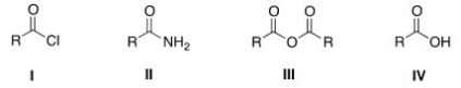 Which of the following substrates cannot be used as an immediate precursor to synthesize an ester?   A) I B) II C) III D) IV