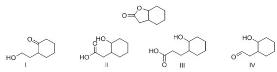 What is the product formed by hydrolysis of the following lactone with acid?   A) I B) II C) III D) IV