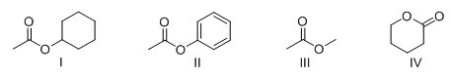 Which of the following compounds will have the lowest frequency for carbonyl absorption in IR spectroscopy?   A) I B) II C) III D) IV