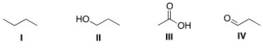 Arrange the following compounds in order of increasing boiling point,putting the compound with the lowest boiling point first.   A) I < II < III < IV B) I < IV < II < III C) III < II < IV < I D) II < IV < I < III