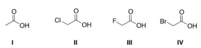 Rank the following compounds in order of increasing acidity,putting the least acidic first.   A) III < II < IV < I B) III < IV < II < I C) I < IV < II < III D) I < II < III < IV