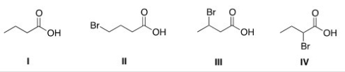 Rank the following compounds in order of decreasing acidity,putting the most acidic first.   A) IV > III > II > I B) IV > I > III > II C) I > II > III > IV D) IV > II > III > I
