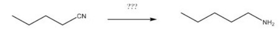 What reagents are necessary to perform the following reaction?   A) H<sub>2</sub>O,H<sup>+</sup> B) LiAlH<sub>4</sub>,H<sub>2</sub>O C) DIBAL-H,H<sub>2</sub>O D) CH<sub>3</sub>MgBr,H<sub>2</sub>O