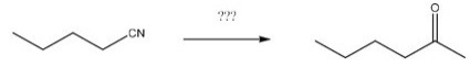 What reagents are necessary to perform the following reaction?   A) H<sub>2</sub>O,H<sup>+</sup> B) LiAlH<sub>4</sub>,H<sub>2</sub>O C) DIBAL-H,H<sub>2</sub>O D) CH<sub>3</sub>MgBr,H<sub>2</sub>O