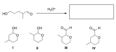 What is the cyclic hemiacetal product formed from intramolecular cyclization of the following hydroxy aldehyde?   A) I B) II C) III D) IV