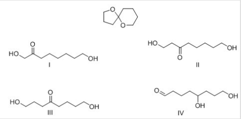 What product is formed when the following acetal is hydrolyzed with aqueous acid?   A) I B) II C) III D) IV